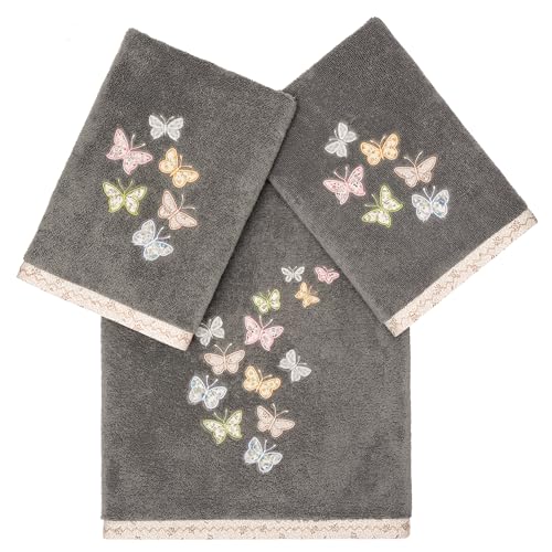 Frolic 3-Piece Towel Set, Exquisite Embroidered Butterflies, 100% Turkish Cotton, Ultra Absorbent, Cottage Decor, 1 Bath 2 Hand Towels, Charcoal - color: Charcoal, size: 1 Pc Bath 2 Pcs Hand Towel