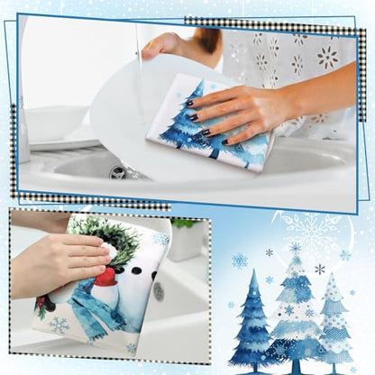 Fourluoo 8 Pcs Winter Kitchen Towels Snowman Hand Dish Towels Blue Buffalo Plaid Santa Claus Tea Cloths for Winter Holiday Kitchen Home Bathroom Decor Gifts - style: Snowman