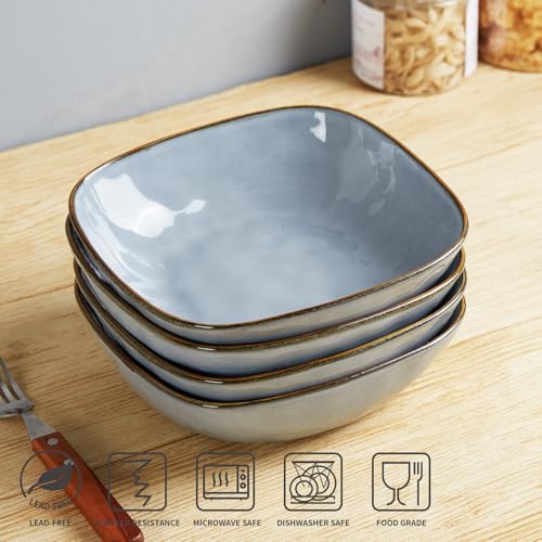 famiware Ocean Pasta Bowls Set of 4, Square 8" Serving Bowl, Blue | Microwave & Dishwasher Safe, Lead-free and Cadmium-free, Stoneware Scratch Resistant Plates Bowls, Serving Bowls - color: Blue