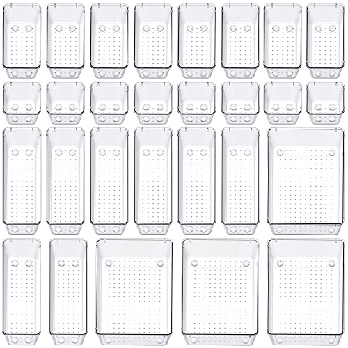 SMARTAKE 28 Piece Drawer Organizers with Non-Slip Silicone Pads, 4-Size | Clear Desk Bathroom Drawer Organizer Trays Storage Tray for Makeup, Jewelry, Utensils in Bedroom Dresser, Office and Kitchen - size: 28 PCS