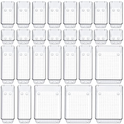 SMARTAKE 28 Piece Drawer Organizers with Non-Slip Silicone Pads, 4-Size | Clear Desk Bathroom Drawer Organizer Trays Storage Tray for Makeup, Jewelry, Utensils in Bedroom Dresser, Office and Kitchen - size: 28 PCS