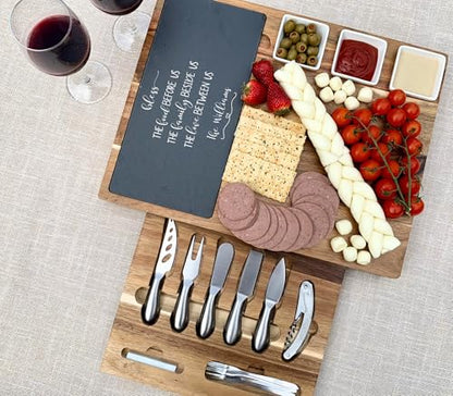 Custom Engraved Acacia Charcuterie Board Gift Set – Large Slate Cheese Tray with Knife Drawer – Personalized Wedding, Bridal Shower, Thanksgiving & Christmas Gift - color: Design #36