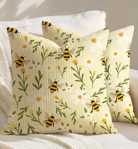 Corduroy Throw Pillow Covers 18x18 - Set of 2 Decorative Spring Pillow Covers with Zipper Farmhouse Decor Cottage Throw Pillowcases for Couch Sofa Living Room Home Bedroom, Flower Bee - color: Flower Bee, size: 18" x 18" (Pack of 2)