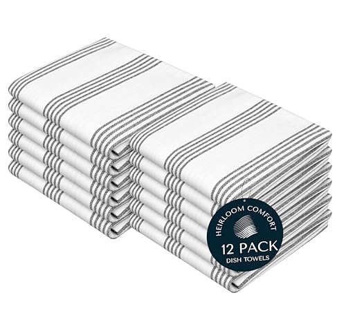 Black Stripe Kitchen Towels (12 Pack), 100% Cotton, Multi Pin Striped Towel Set, Super Absorbent & Durable Dishcloths, Quick Dry Fabric for Drying Dishes, Everyday Kitchen Cleaning - color: Black, style: 12 Pack