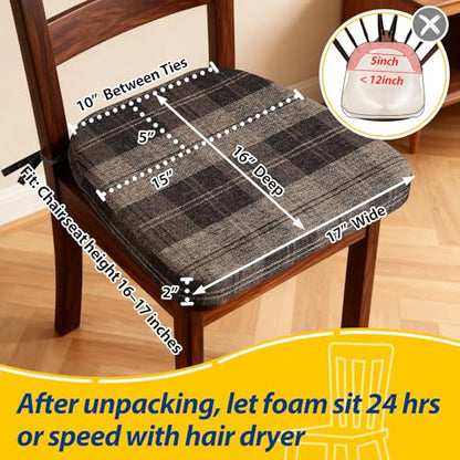 AAAAAcessories D-Shaped Chair Cushions, 2" Thick Dining Chair Pads with Ties and Removable, Machine-Washable Cover, 17" x 16", Brown Checkered - color: Brown Checkered, size: 1 Count(Pack of 1)