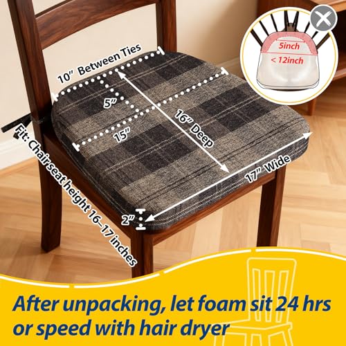 AAAAAcessories D-Shaped Chair Cushions, 2" Thick Dining Chair Pads with Ties and Removable, Machine-Washable Cover, 17" x 16", Set of 2, Brown Checkered - color: Brown Checkered, size: 2 Count(Pack of 1)