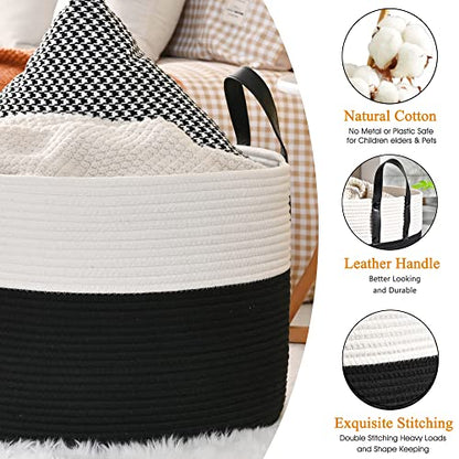 KAKAMAY Large Blanket Basket (20"x13"),Woven Baskets for storage Baby Laundry Hamper, Cotton Rope Blanket Basket for Living Room, Laundry, Nursery, Pillows, Baby Toy chest (White/Black) | Extra Large Capacity | Natural Cotton Rope | Blanket Storage | Wove