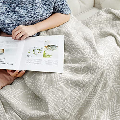 jinchan 100% Cotton Muslin Blanket Twin Boho Throw Blanket 50x60 Light Gray | 3-Layer, Tribal Geometric Quilt, Cooling Breathable Lightweight, for Adult, Soft, Reversible, Summer, Couch, Sofa, Bedroom - color: A. Boho Light Grey, size: 50"x60"