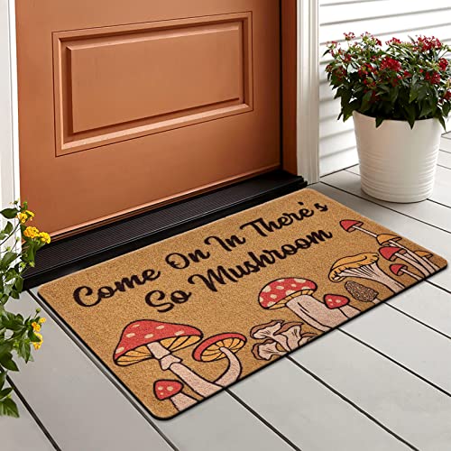 Mushroom Welcome Doormat, Funny Front Door Mat Coir Rug Indoor Outdoor Entrance Porch Carpet Fungi Cottage Home Decor Cottage Housewarming Gift 17x29.5 Inches - color: Brown