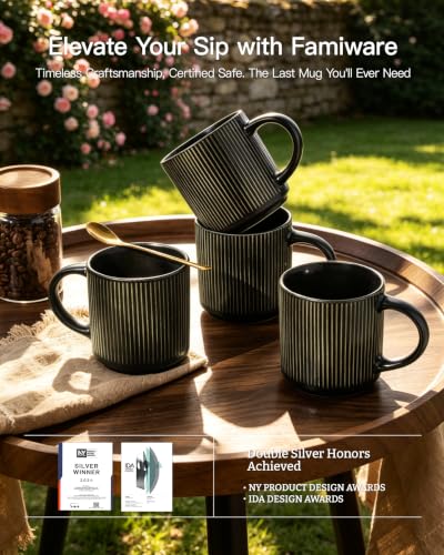famiware Coffee Mug Set of 4, Star 12 oz Ceramic Mugs Cups Set with Handle | Stoneware Stackable Catering Cup for Coffee, Tea, Cappuccino, Latte, Microwave & Dishwasher Safe, Black - color: Star-Black, size: 4 Count (Pack of 1)