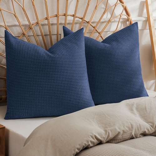 PHF 100% Cotton Waffle Weave Throw Pillow Cover, 24" x 24", No Filling, 2 Pack Elegant Home Decorative Square Throw Pillow Covers for Bed Couch Sofa, Bright Navy Blue - color: Bright Navy Blue, size: 24" x 24" (Pack of 2)