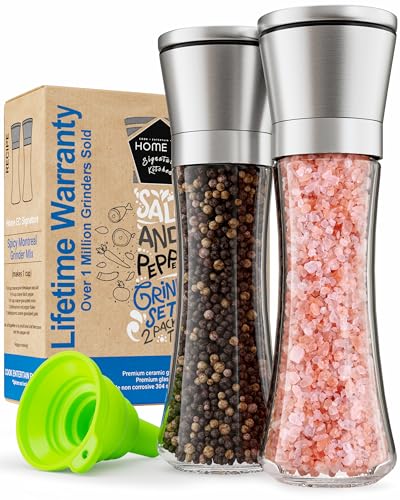 Home EC Premium Stainless Steel Sea Salt and Pepper Grinder Set of 2 - Adjustable Ceramic - Tall Glass Salt and Pepper Shakers - Kitchen Spice Mill W/Funnel & EBook - color: Clear Glass, size: 2pk