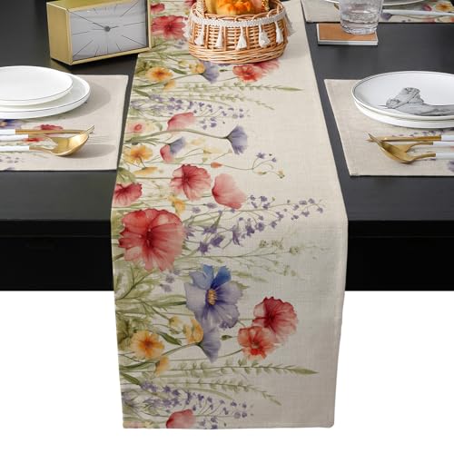 Table Runner and Placemats Set of 4 Watercolor Flowers Decorative Dining Table Runner with Matching Placemats Hand Drawn Floral Plant Table Decor for Kitchen Dining Room and Everyday Use 13x90in - size: 13"x90"+4pcs