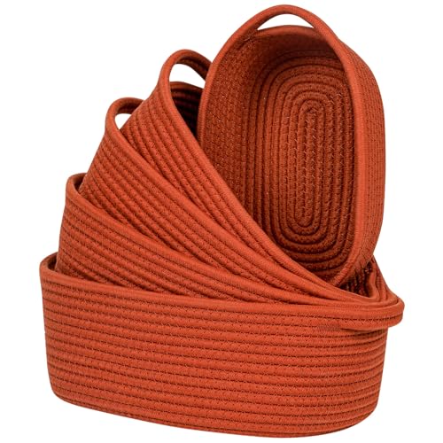 CubesLand Small Storage Basket Cotton Rope Organizer Baskets for Shelves | Set of 5 Decorative Closet Storage Bins with Handle for Countertop, Toilet Paper Basket for Toilet Tank Top, Rust Basket - color: Rust