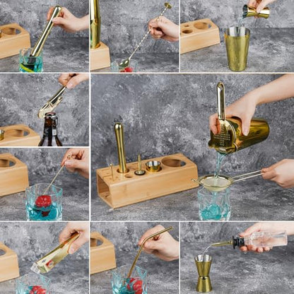 Cocktail Shaker Set Bartender Kit with Bamboo Stand, 15-Piece Stainless Steel Bar Set Accessories, Professional Bartending Kit Home Bar Tools Set with Recipes (Gold, Natural Wood Stand) - color: Gold, size: Wood Stand