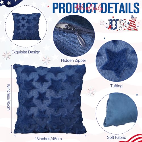 Tiamon 4 Pcs Patriotic 4th of July Throw Pillow Covers 18 x 18 Inch USA Flag American Plush 3D Embroidered Pillow Cases Red White Blue Stripe Star Cushion Covers for Independence Day Decor Sofa Bed - style: Stripe and Star