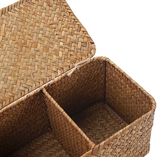 Seagrass Woven Storage Basket with Lid, Rectangular Narrow Tampon Toilet Tank Organizer - color: 3 Section with Lid