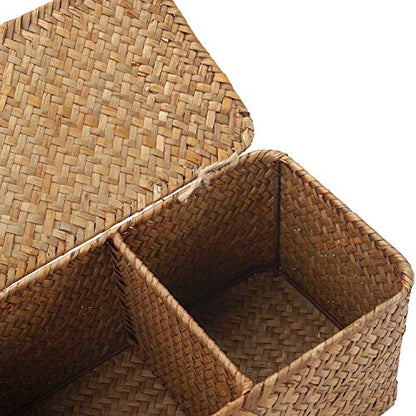 Seagrass Woven Storage Basket with Lid, Rectangular Narrow Tampon Toilet Tank Organizer - color: 3 Section with Lid