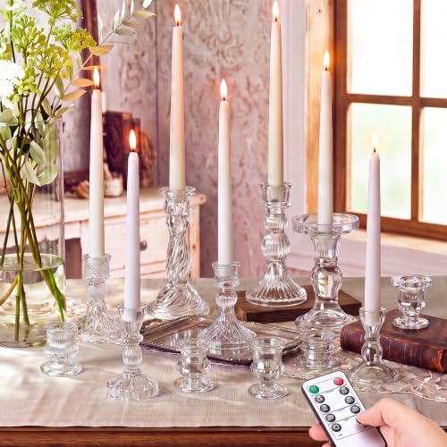 Mumufy 48 Pcs Clear Glass Crystal Candle Holders with LED Flameless Candles Bulk 24 Glass Candlestick Holders with 24 Battery Operated Taper Candles 2 Timer for Wedding Table Centerpieces Home Decor - color: Clear