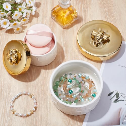 2 Pcs Jewelry Trinket Box, Ceramic Loose Dusting Cosmetic Storage Box with 4pcs Cosmetic Puffs Bee Lid Decorative Organizer for Women Jewelry Makeup Setting Applicator