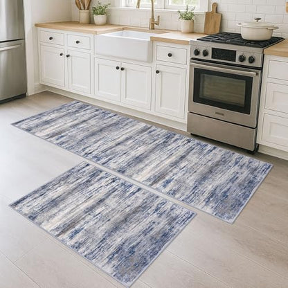 KOZYFLY Modern Abstract Area Rugs 2PCS 2x3 and 2x6 Blue-Grey Machine Washable Runner Rug Non-Slip Living Room Rug, Faux Wool Soft Low Pile Office Carpet for Hallway Entryway Bathroom Bedroom - color: Blue-grey, size: 2' x 3' (Set)