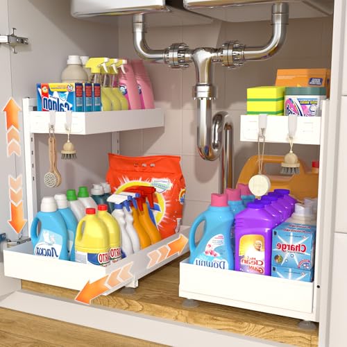 TATAANTY Under Sink Organizer, L-Shaped Metal 2-Tier Double Pull-Out Drawer for Kitchen & Bathroom Cabinets, Adjustable Height Storage - 50lbs Heavy Duty Waterproof 2PCS Height Adjustable - color: Cream White