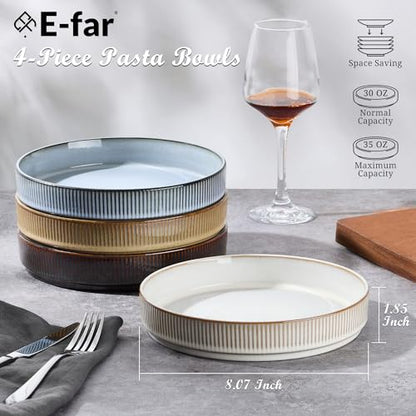 E-far Pasta Bowls Set of 4, 35oz Large Salad Bowl Plate for Dinner Serving Soup, Wide & Shallow Ceramic Stoneware Pasta Plates, Microwave & Dishwasher Safe, Reactive Glaze Textured Stripes, Multicolor - color: Multicolor