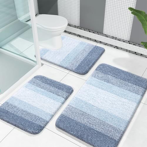 OLANLY Microfiber Bathroom Rugs Sets 3 Piece, 30"x20"+24"x16"+24"x20" | Blue, Soft Absorbent Bath Mats and U-Shaped Contour Toilet Rug, Machine Wash Dry, Plush Shaggy Bath Mat Set for Bathroom - color: Blue, size: 30" X 20" + 24" X 16" + U24" X 20"