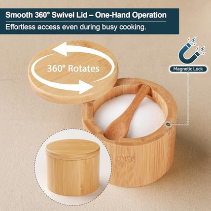 Bamboo Salt Cellar, 2 PCS Salt Container with Built-in Spoon, Salt Box Bowl with Magnetic Swivel Lid, Elegant Kitchen Salt Holder Saver Jar to Storage Pepper Spice Sea Salt for Countertop - color: 2 PCS Bamboo Salt Cellar