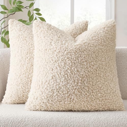 EMEMA Pack of 2 Teddy Faux Fur Throw Pillow Covers 18x18 Inch Soft Fuzzy Sherpa Sheepskin Decorative Cushion Cases Cozy Boucle Fleece for Couch Bed Boho Living Room Decor Neutral Light Beige - color: Neutral Light Beige, size: 18" x 18" (Pack of 2)