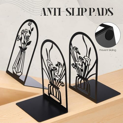 Feifeiya 6 Pairs Decorative Book Ends Metal Bookends for Shelves Black Metal Heavy Duty Book Ends Holder Supports Stoppers for Home Office School, 6.9x4.9x3.5”(Vase) - style: Vase