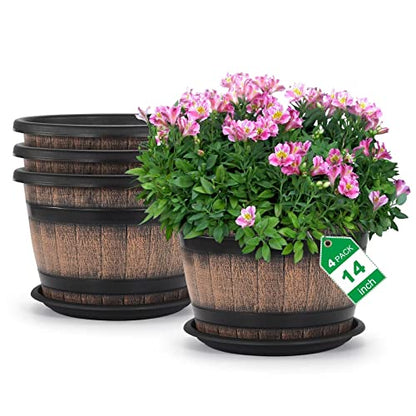 Quarut Large Plastic 4 Pack14 inch Plant Pots,Whiskey Barrel Planters with Drainage Holes & Saucer.Flower Pots Imitation Wine Barrel Design for Indoor & Outdoor Garden Balcony Plants.5 Gallons(Brown) - size: 14 inches