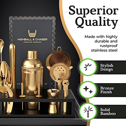Highball & Chaser Bartender Kit with Espresso Bamboo Stand. Beautiful Cobbler Cocktail Shaker Set with Bar Tools Rustproof Stainless Steel Bar Set (Matte Gold) - color: Matte Gold
