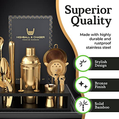 Highball & Chaser Bartender Kit with Espresso Bamboo Stand. Beautiful Cobbler Cocktail Shaker Set with Bar Tools Rustproof Stainless Steel Bar Set (Matte Gold) - color: Matte Gold