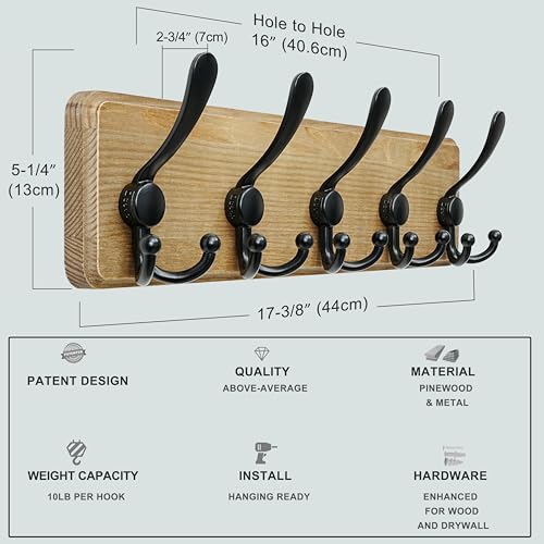 Coat Rack Wall Mount - Heavy-Duty Robust Barnwood-Style Wooden Wall Coat Hanger Hook Rail with 5 Triple Hooks for Winter Coats Hat Jacket Clothing, Weathered Brown & Black - color: Weathered Brown & Black, size: L=17.4"