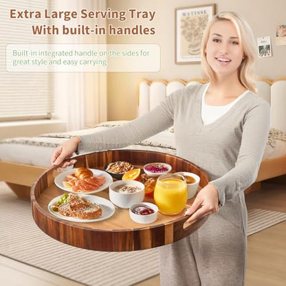 Large Ottoman Tray, 22" Big Ottoman Tray for Living Room, Large Serving Tray with Handles for Coffee Table Kitchen Counter,Great Round Wooden Trays with 4 Round Coasters for Appetizers, Dinner - color: 22" Round Tray W/ 4-coasters - Acacia