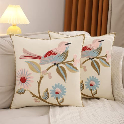 LUOYEHK Embroidered Throw Pillow Covers 18x18 Inch Pack of 2 Spring Farmhouse Floral Pillowcase Square Canvas Cushion Cover for Couch Sofa Bed Living Room (Pink Bird) - color: Pink Bird