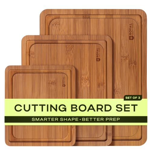 ROYAL CRAFT WOOD Wooden Cutting Boards for Kitchen Meal Prep & Serving - Bamboo Non Toxic Cutting Board Set with Deep Juice Groove Side Handles - Charcuterie & Chopping Butcher Block for Meat (3 Pcs) - color: Carbonized, size: 3-Piece