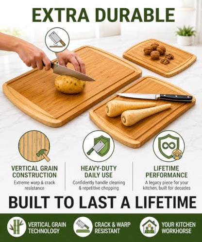 INDESTRUCTIBLE Extra Large Bamboo Cutting Board Set of 3 with Vertical Grain Strength Technology - XL Wood Cutting Boards for Kitchen and Lightweight Chopping Board Set - Replacements for Life - color: Two-Tone