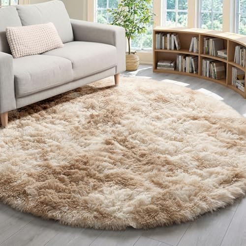 Tie-Dye Beige Round Area Rug 4ft, Soft Bedroom Circle Rugs Floor Mats for Kids Girls Teen Room, Kawaii Fluffy Plush Shaggy Carpet for Baby Nursery Living Room Playroom Home Decor - color: Tie-dyed Light Beige, size: 4' (Round)