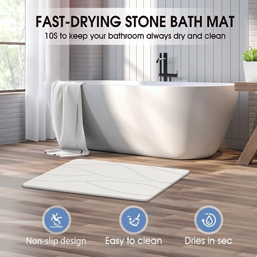 Veeloim Stone Bath Mat Diatomaceous Earth Shower Mat Non-Slip Super Absorbent Diatomite Stone Bath Mats for Bathroom Floor Quick Drying Natural Easy to Clean(23.6''×15.4" White) | Fast Drying, Super Absorbent, Sustainable Material, Non-Slip, Easy Maintena
