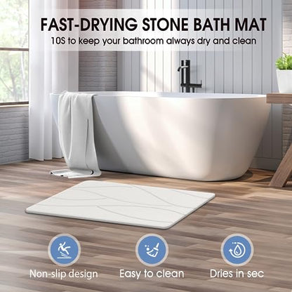 Veeloim Stone Bath Mat Diatomaceous Earth Shower Mat Non-Slip Super Absorbent Diatomite Stone Bath Mats for Bathroom Floor Quick Drying Natural Easy to Clean(23.6''×15.4" White) | Fast Drying, Super Absorbent, Sustainable Material, Non-Slip, Easy Maintena