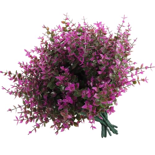 RECUTMS 12 Pcs Artificial UV Resistant Flowers Outdoor Faux Plastic Plants | Plastic Shrubs Artificial Eucalyptus Fake Plants Greenery Stems for Outside Spring Garden Porch Wedding Party Fireplace Décor - color: Fuchsia Eucalyptus, size: 12 Pcs