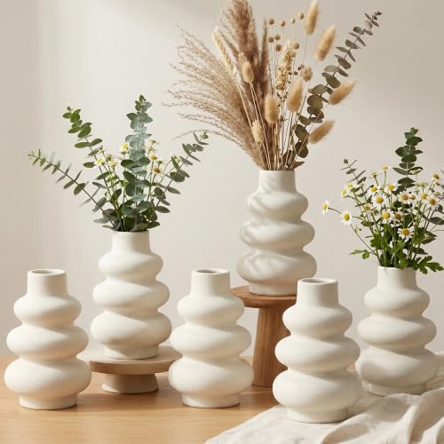 Ceramic Flower Vase Home Decor Small Vase Set of 6 Centerpieces for Tables | Farmhouse Vases Rustic Vintage Living Kitchen Bedroom Decorations for House Book Shelf Office Coffee Desk Dining Fireplace - color: A-6.5"h-beige White