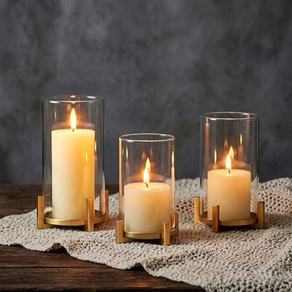 NUPTIO Gold Pillar Candle Holder: Hurricane Glass Candle Stands with Sleeve | Set of 3 Brass Decor with Clear Cover for Thanksgiving Christmas Fireplace Table Centerpiece