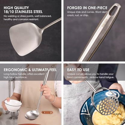 18/10 Stainless Steel Kitchen Utensils Set - 12 PCS All Metal Cooking Tools | 15″ Cooking Utensils - Potato Masher, Meat Fork, Tongs, Turner, Pasta, Serving Spoon, Skimmer, Ladle, Spatula Spoon Set - color: 12-Pieces