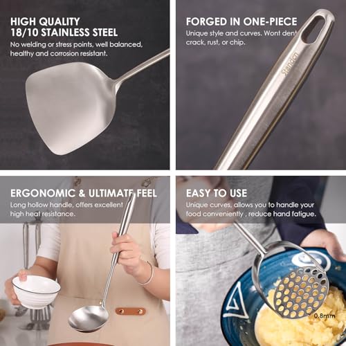 18/10 Stainless Steel Kitchen Utensils Set - 12 PCS All Metal Cooking Tools | 15″ Cooking Utensils - Potato Masher, Meat Fork, Tongs, Turner, Pasta, Serving Spoon, Skimmer, Ladle, Spatula Spoon Set - color: 12-Pieces