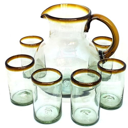 Amber Rim 120 oz Pitcher and 6 Drinking Glasses set, Recycled Glass, Lead-free, Toxin-Free (Pitcher & Glasses) - style: Pitcher & 6 Glasses