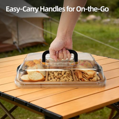 WILLKOMMEN Charcuterie Board with Lid- 6 Section Rectangular Serving Tray with Carry Handle & Locking Lid, Portable Bamboo Serving Platter, Food Trays for Party Picnic Cheese Snack - style: 6 Compartments-Rectangle