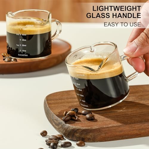 PARACITY Espresso Cup with Handle set of 2, Double Spout Glass Measuring Cup with Dual Scale, Espresso Shot Glass with V-Shaped Mouth, Clear Glass Milk Frothing Pitcher, Espresso Accessories | Dual ounce and milliliter scales, V-shaped mouths and glass ha